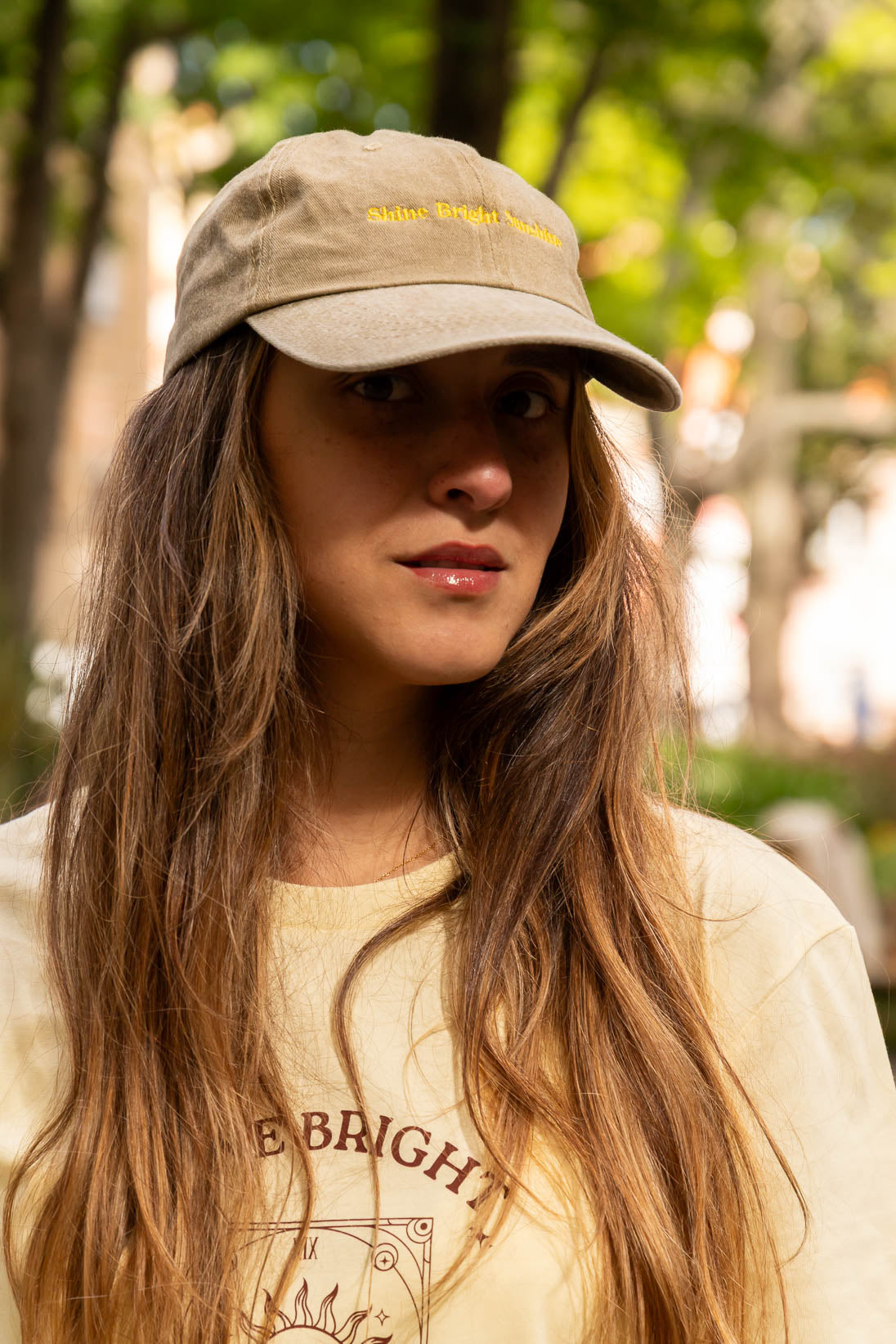 Shine Bright Sunshine Cap – Washed Sand & Yellow Embroidery