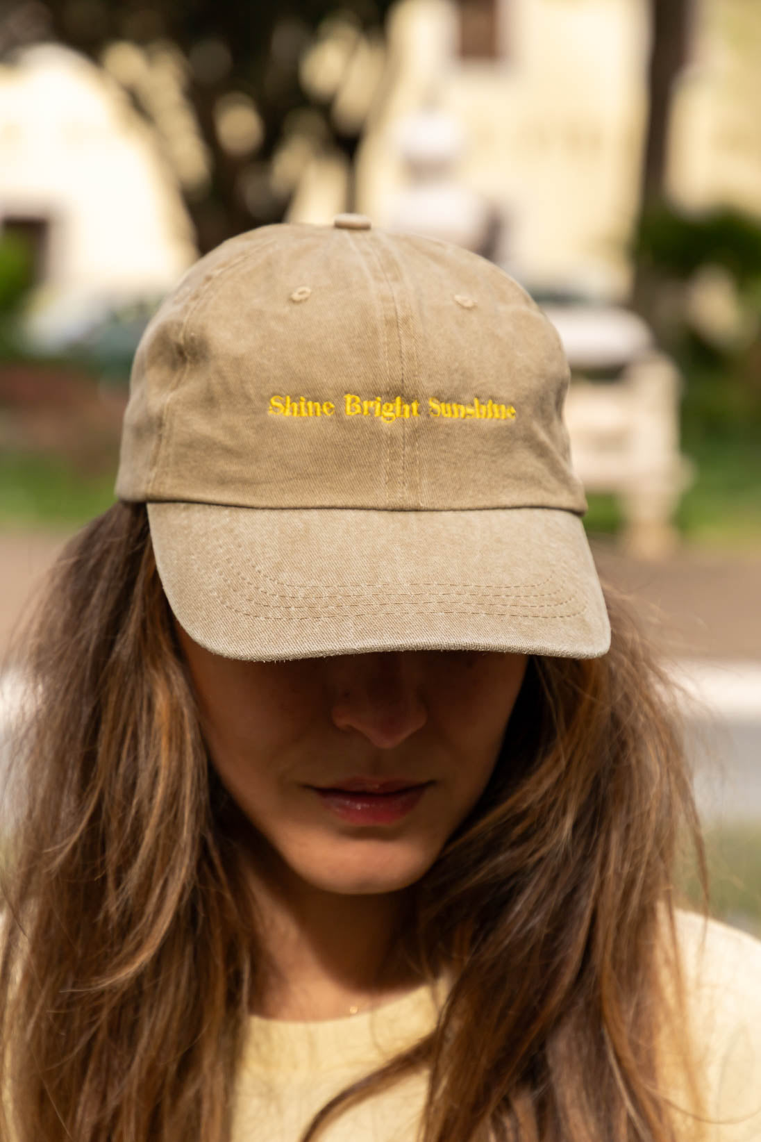 Shine Bright Sunshine Cap – Washed Sand & Yellow Embroidery