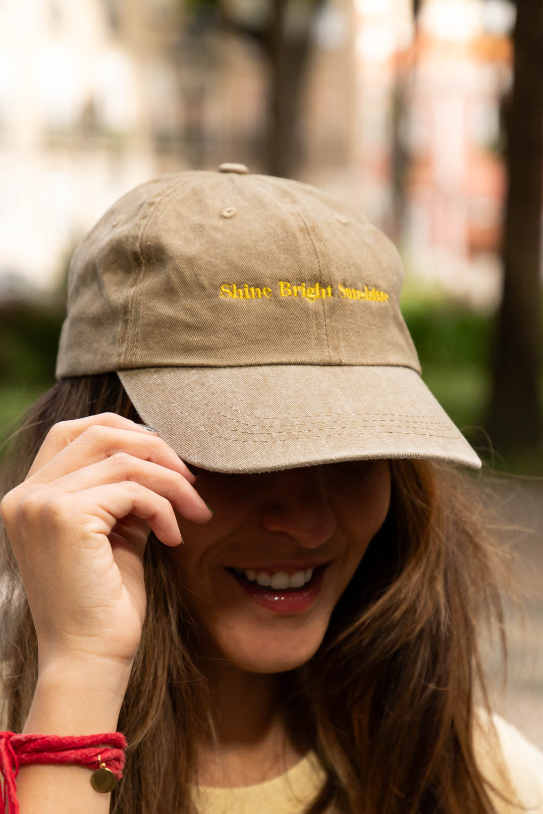 Shine Bright Sunshine Cap – Washed Sand & Yellow Embroidery