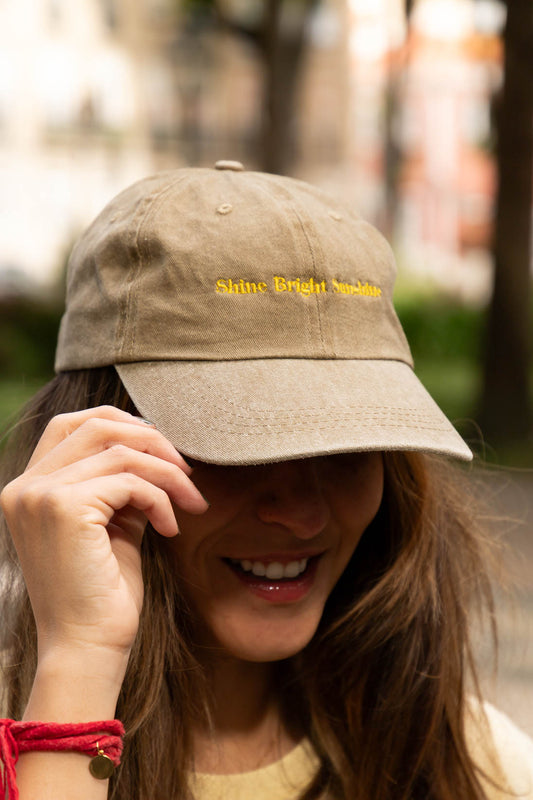 Shine Bright Sunshine Cap – Washed Sand & Yellow Embroidery